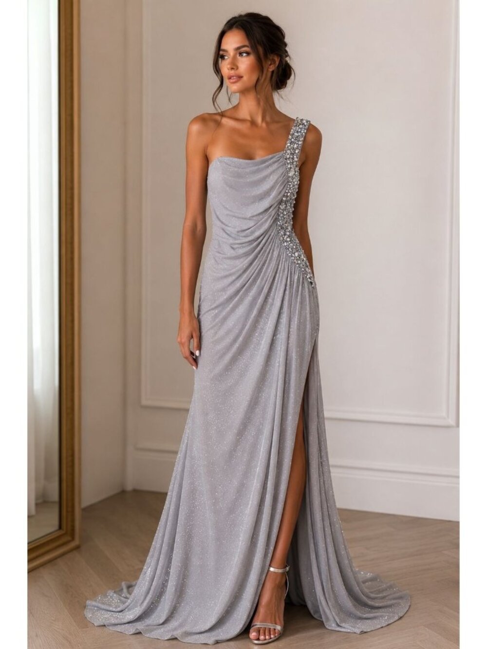 Vintage Deb Dress SZ 11 Silver One Strap Formal Maxi Silver Gemstones Hoco Prom